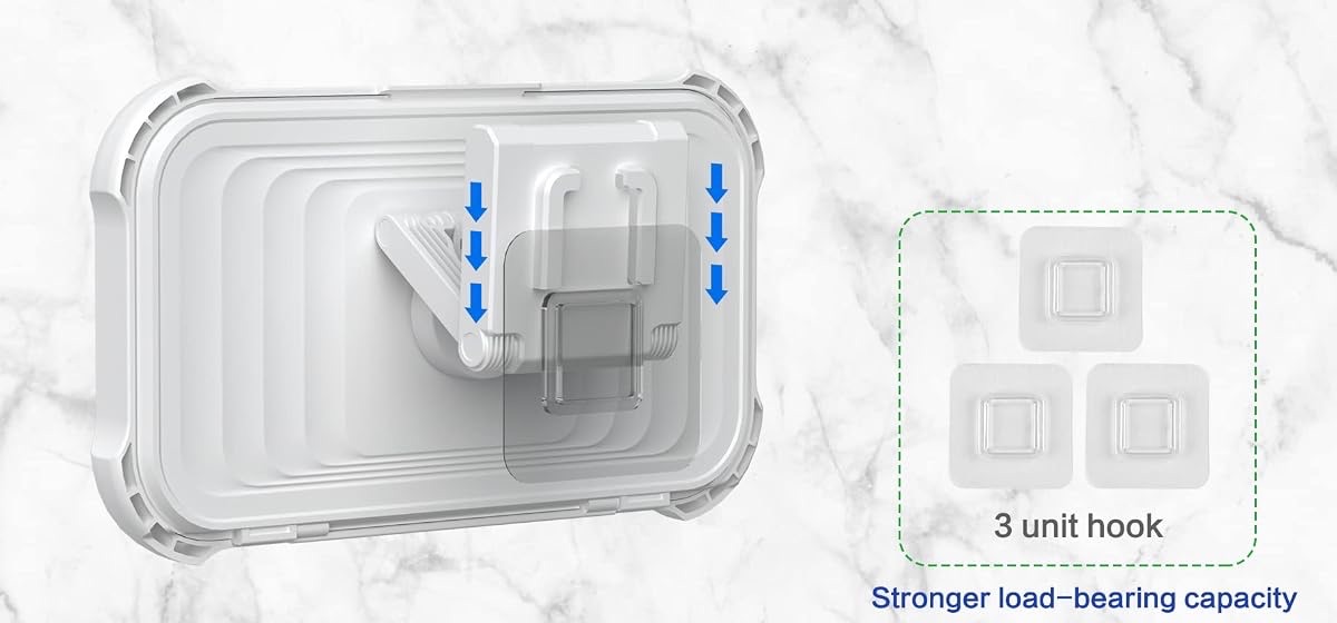 ShowerDock mount sliding onto an adhesive hook, next to the three included hooks