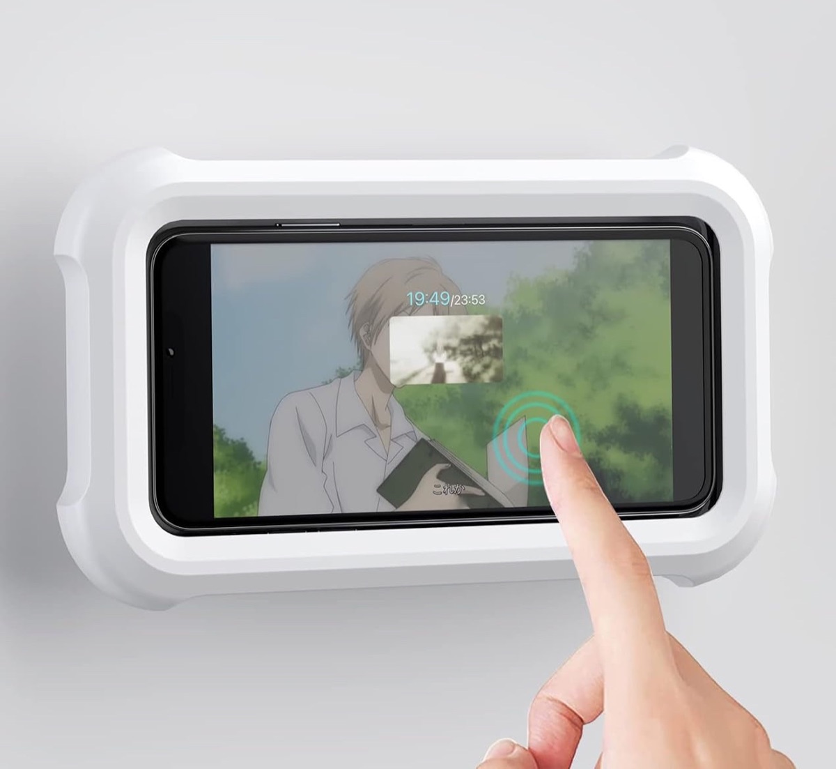 Finger tapping a phone screen through the ShowerDock cover